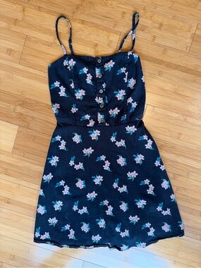 Vintage Hollister Black Mini Dress with Pink Floral Print XS Cottagecore Y2K
